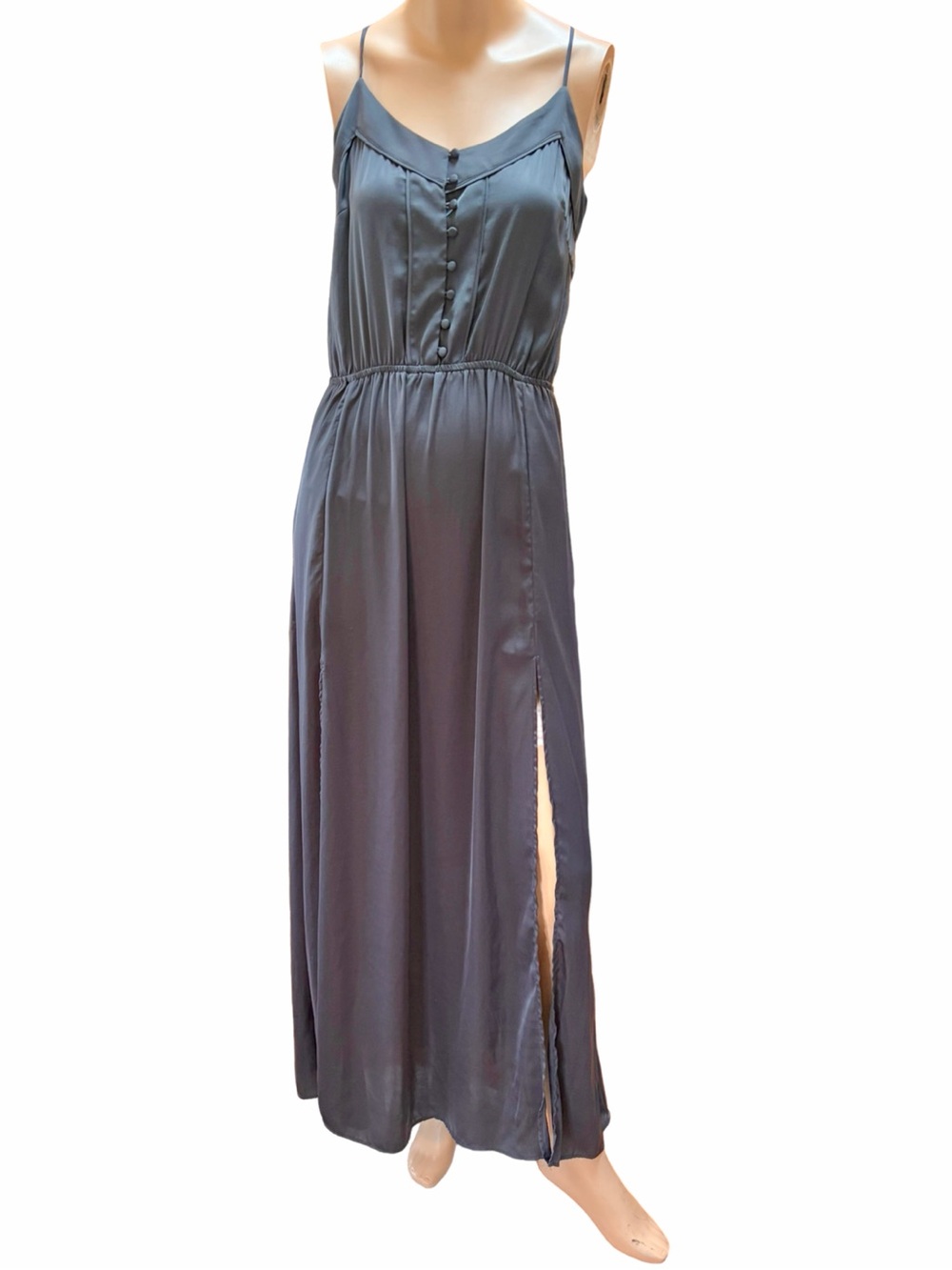 NWT H&M Conscious Charcoal Grey Satin Maxi Dress Double Side Slit US 12